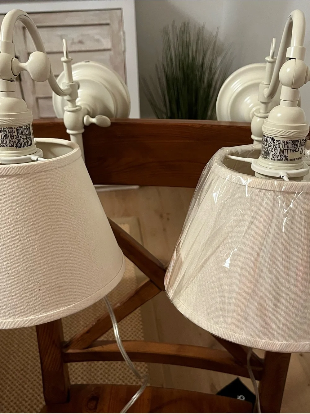 Pottery Barn Cream Metal Adjustable Pair of Wall Sconces & Cream Fabric Shades
